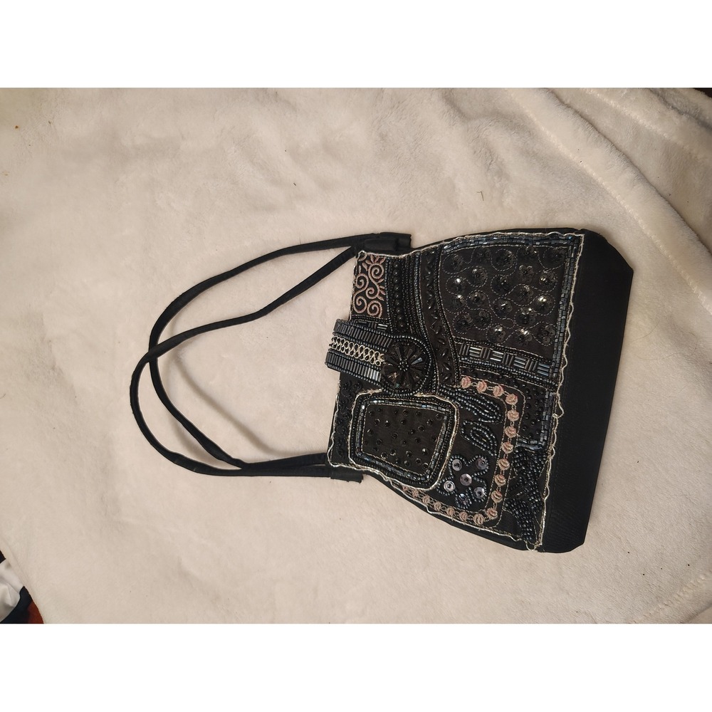 Katie Landry Black Beaded Sequin Patchwork Evening Shoulder‎ Bag Vintage Style